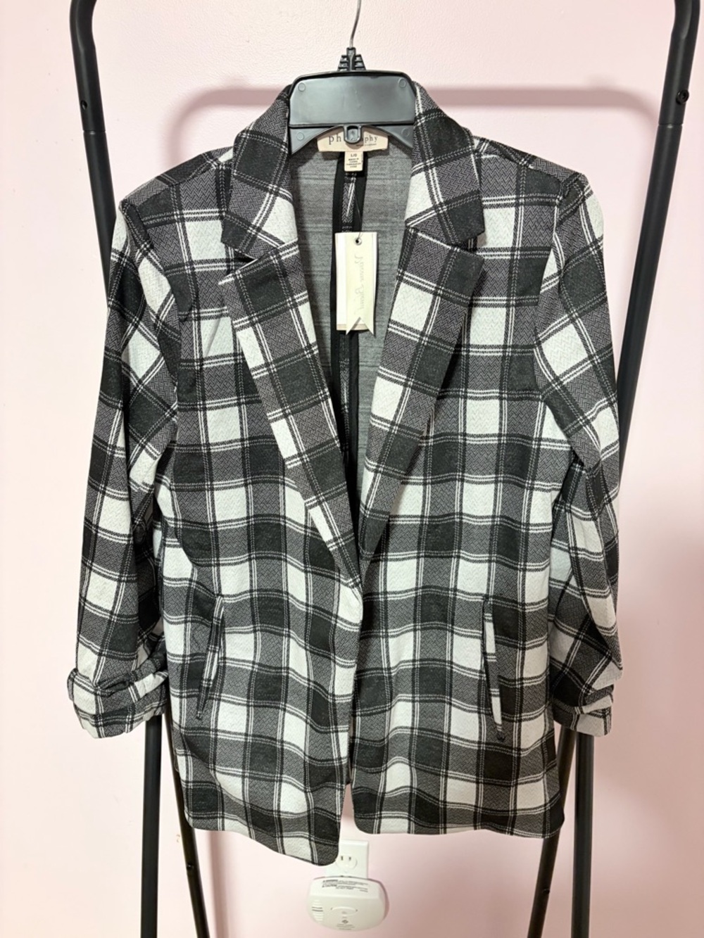 NWT Large Philosophy Black & White Plaid Open Blazer